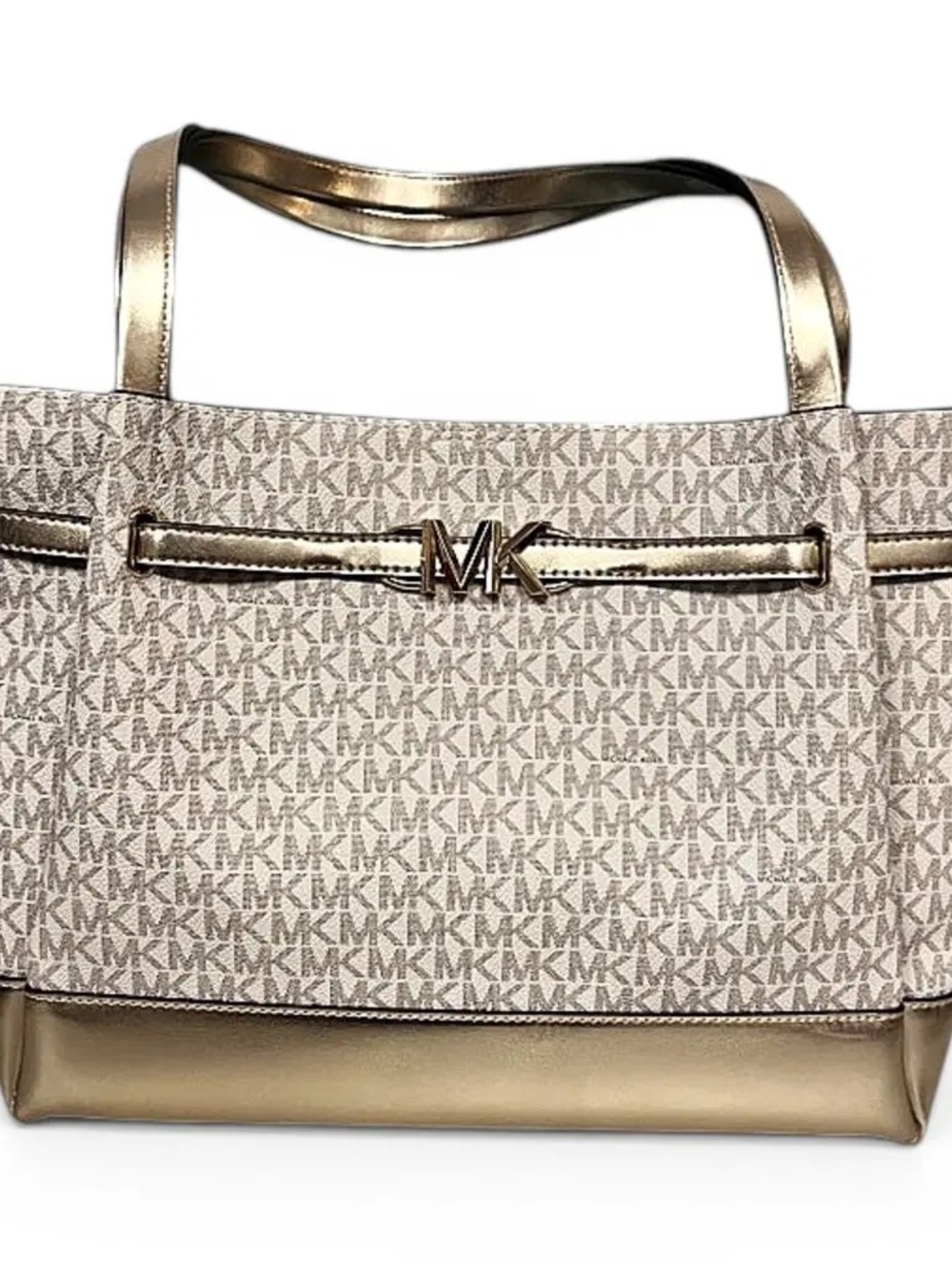Michael Kors Reed Large Belted Logo Tote Vanilla Metallic Gold